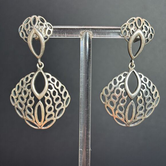 BIDER Mexico 925 Sterling Silver Openwork Dangle Clip On Earrings Vintage - Picture 1 of 7